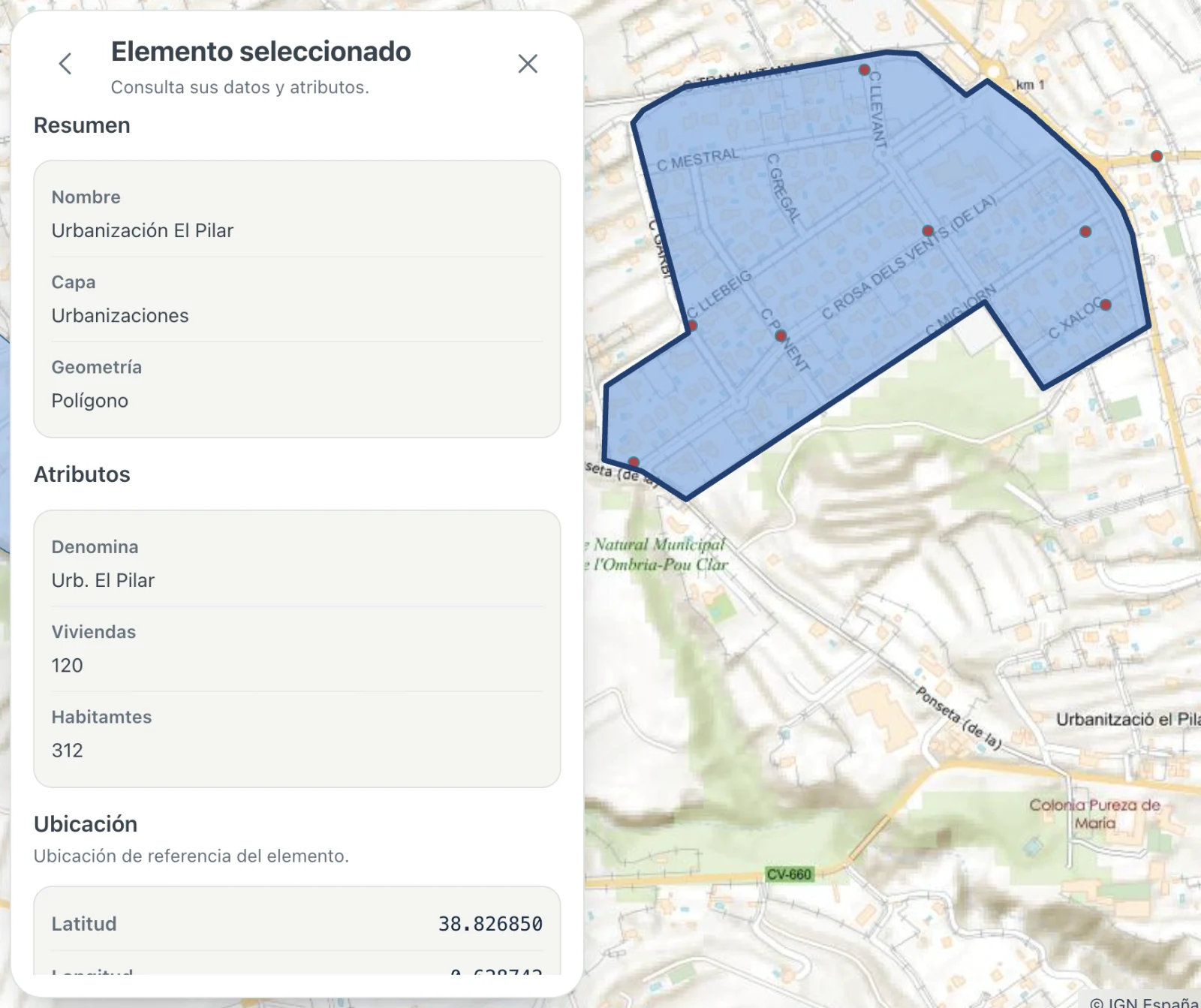 Elemento seleccionado en el mapa con su ficha de información y atributos.