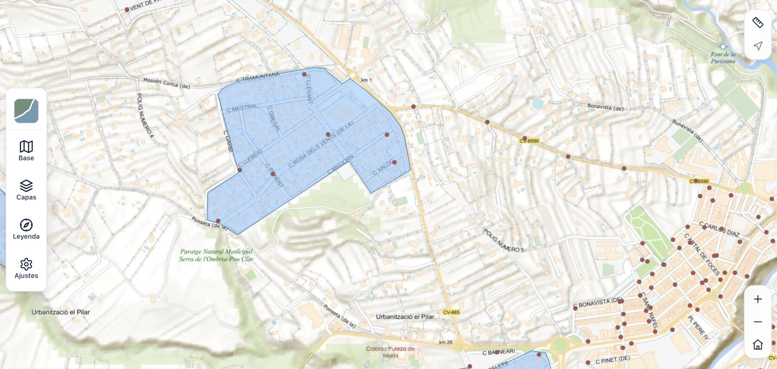 Vista del visor municipal con cartografía territorial y controles de navegación.